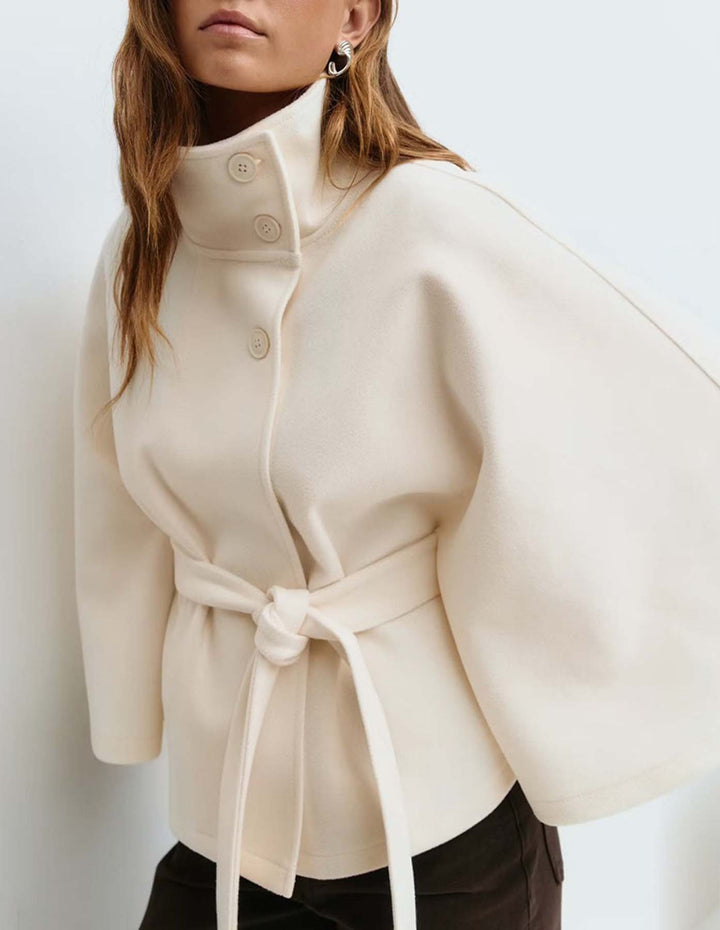 High-Neck Asymmetrical Button Cape Coat with Belt