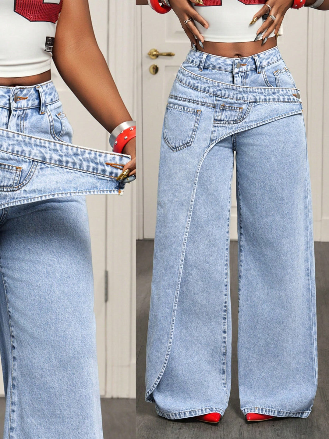 High-Waisted Wrap-Front Wide Leg Jeans
