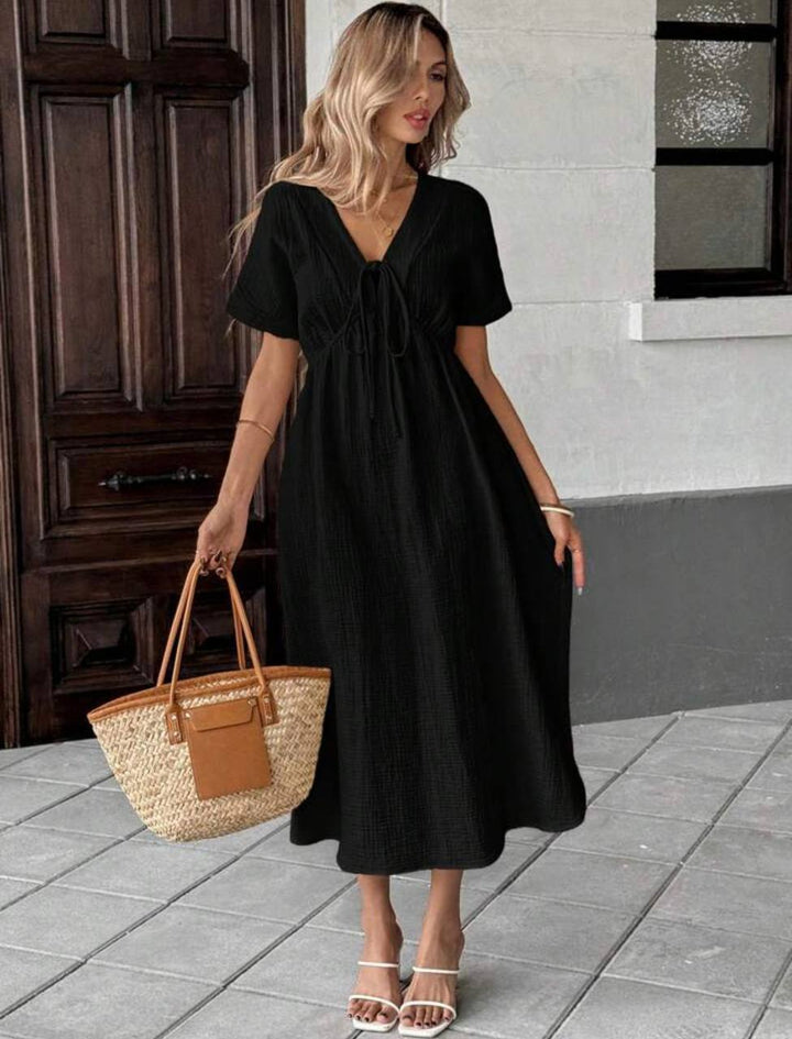 Crinkle Texture Tie Front V Neck Short Sleeve Midi Swing Dress With Pockets