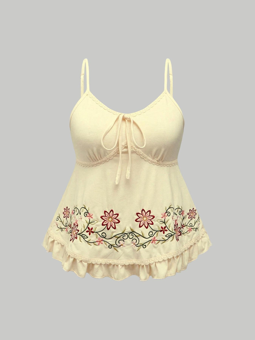 Embroidered Lace Trim Cami Top, Boho Peplum Spaghetti Strap Tank