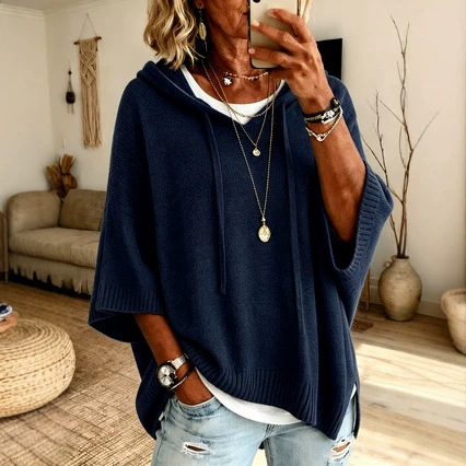 Drop Shoulder Hooded Knit Pullover