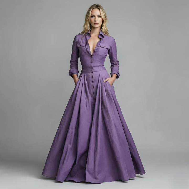 Waist Defined Button Front Maxi Shirt Gown