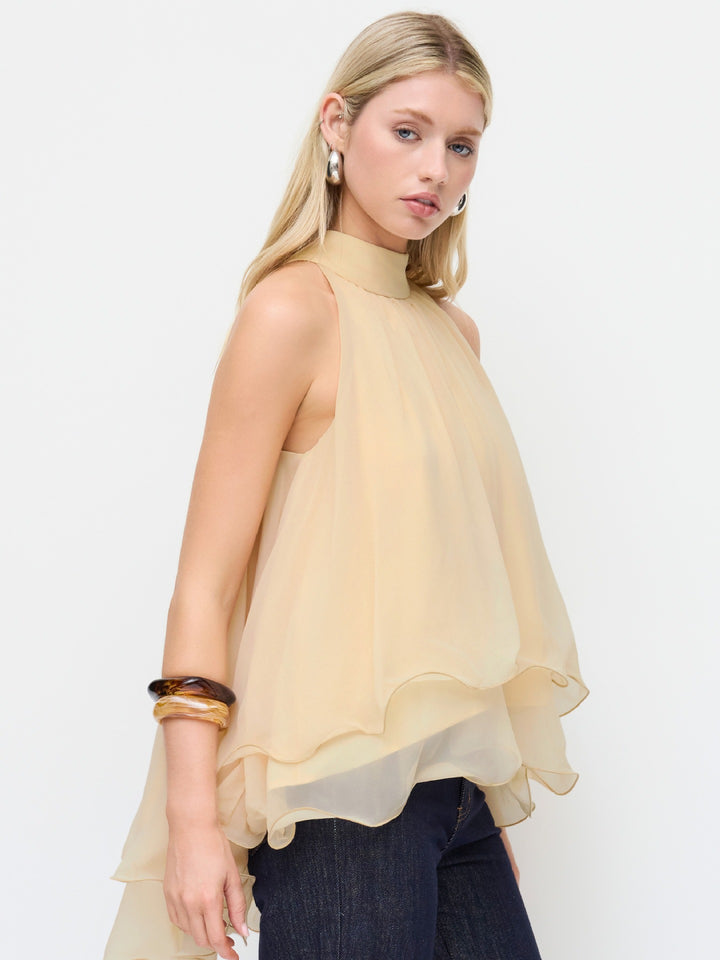 Multi-Color Halter Neck Flowy Chiffon Top with Bow Detail, Sleeveless Ruffled Blouse for Women