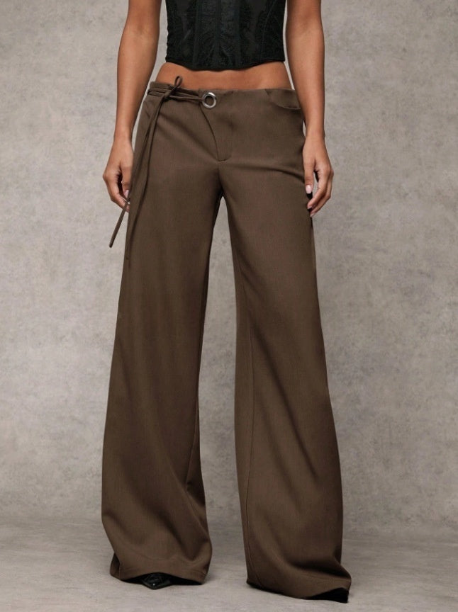 Low-Rise Tie Waist Wide Leg Trousers | Tailored Flare Pants with Metal Ring Detail for Women