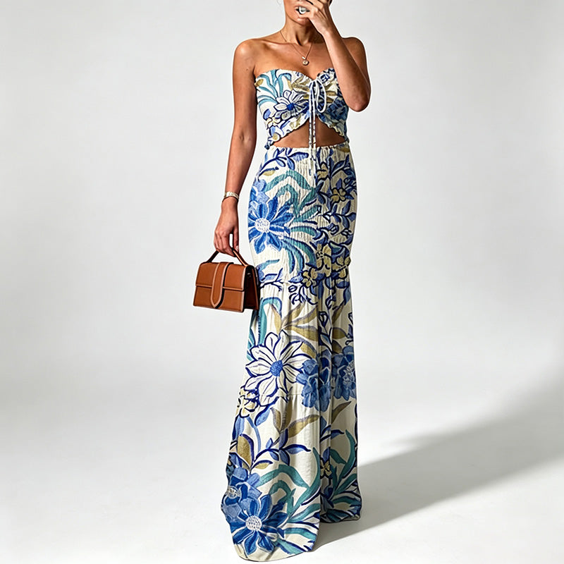 Strapless multi-colored printed pleated maxi dress