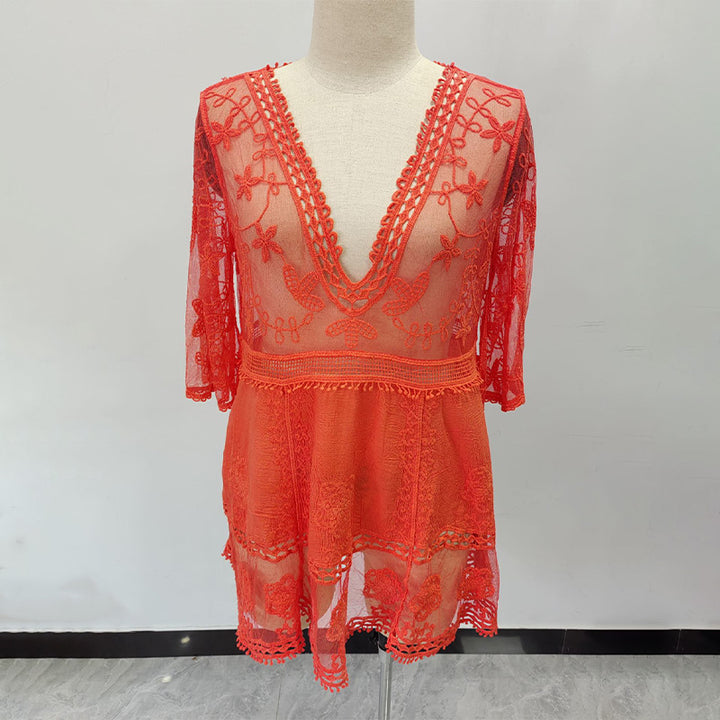 V-neck lace embroidered cover-up