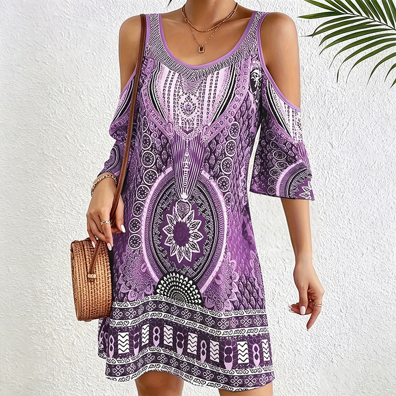 Off-shoulder short-sleeved digital print dress