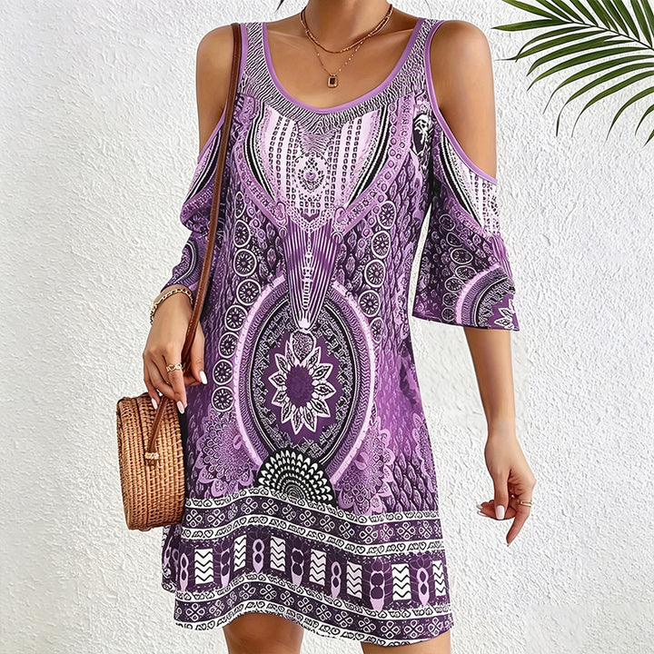 Off-shoulder short-sleeved digital print dress