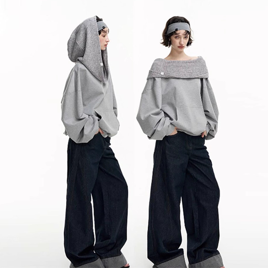 Off Shoulder Pocket Front Loose Long Sleeve Sweatshirt