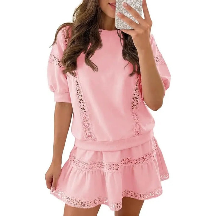 Pink Lace Trim 2-Piece Top &amp;amp; Skirt Set