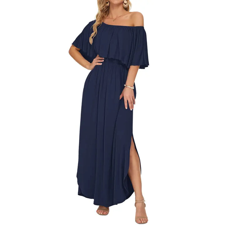 Floral Off-Shoulder Maxi Dress, Flowy Elastic Waist Dress with Side Slit