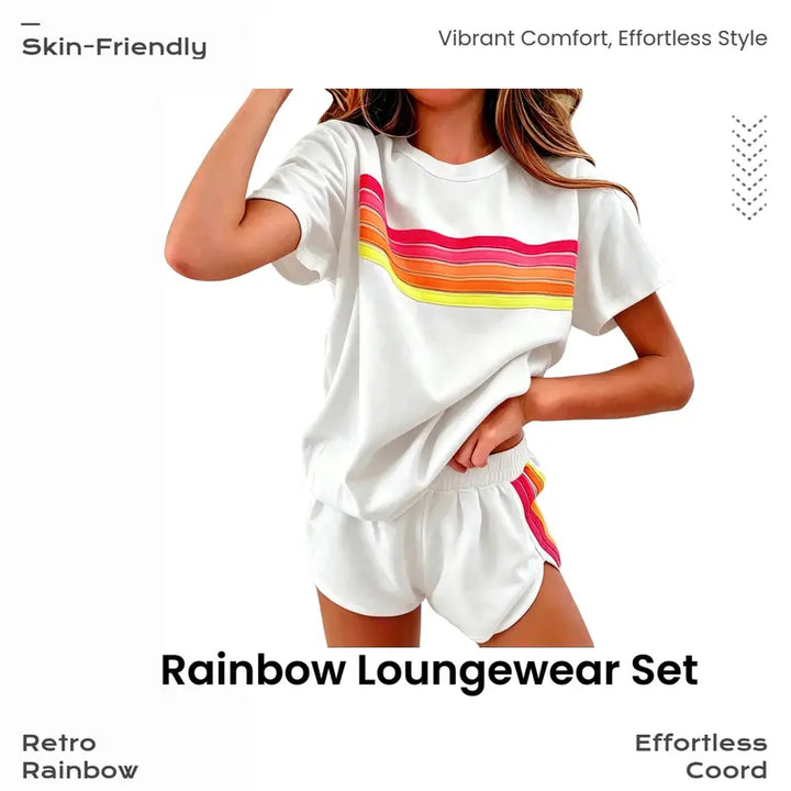 Green Rainbow Stripe Tee &amp;amp; Shorts Loungewear Set
