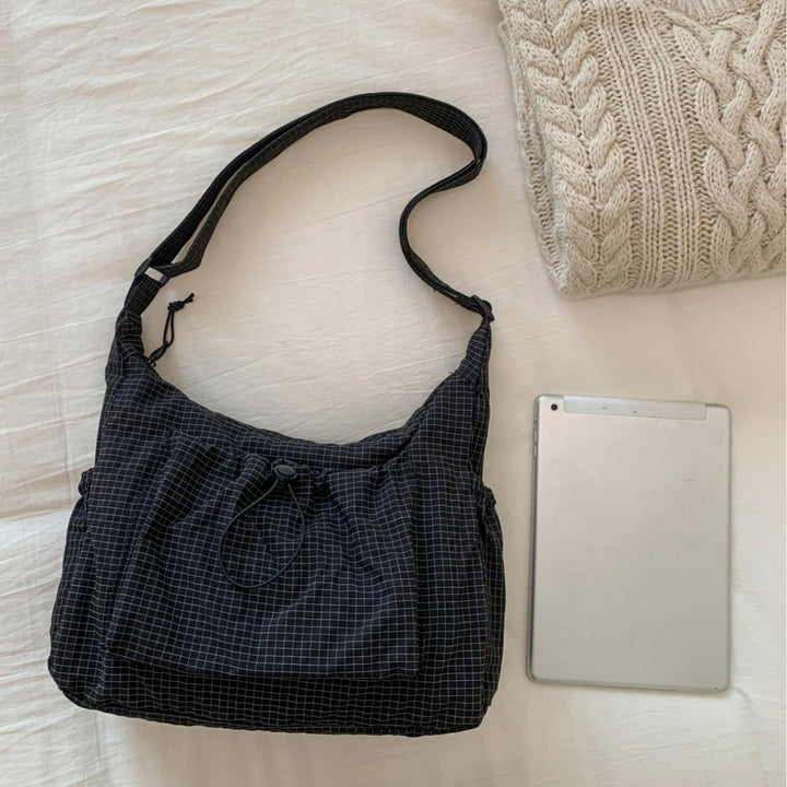 Drawstring Checkered Hobo Shoulder Bag