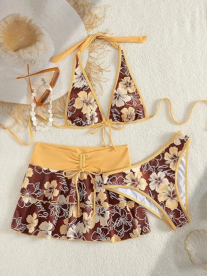Hibiscus 3-Piece Swimwear Set: Triangle Bikini + Skirted Bottom
