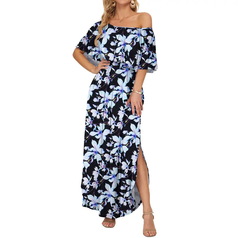 Floral Off-Shoulder Maxi Dress, Flowy Elastic Waist Dress with Side Slit