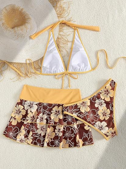 Hibiscus 3-Piece Swimwear Set: Triangle Bikini + Skirted Bottom