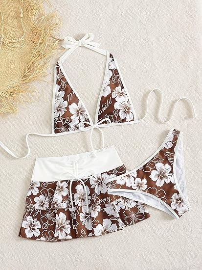 Hibiscus 3-Piece Swimwear Set: Triangle Bikini + Skirted Bottom