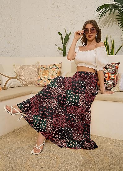 Boho Floral Tiered Midi Skirt, Elastic Waist Pleated A-Line Skirt