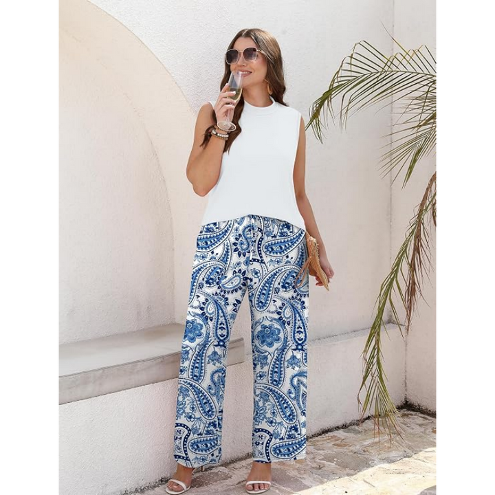 Sleeveless High-Neck Top Printed Wide-Leg Pants Set
