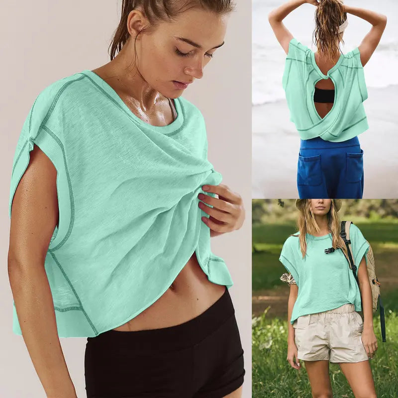 Open-Back Cropped Athletic Tee, Breathable Twist-Back Workout Top