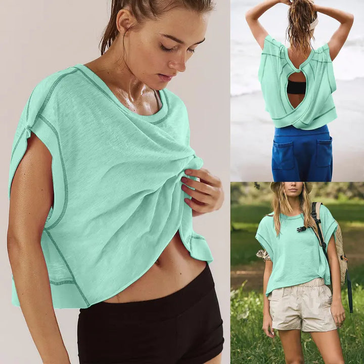 Open-Back Cropped Athletic Tee, Breathable Twist-Back Workout Top