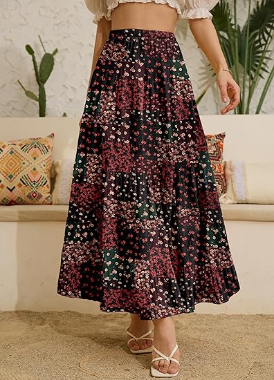Boho Floral Tiered Midi Skirt, Elastic Waist Pleated A-Line Skirt