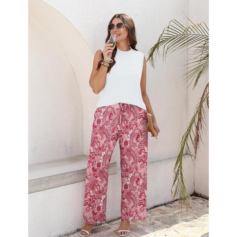 Sleeveless High-Neck Top Printed Wide-Leg Pants Set