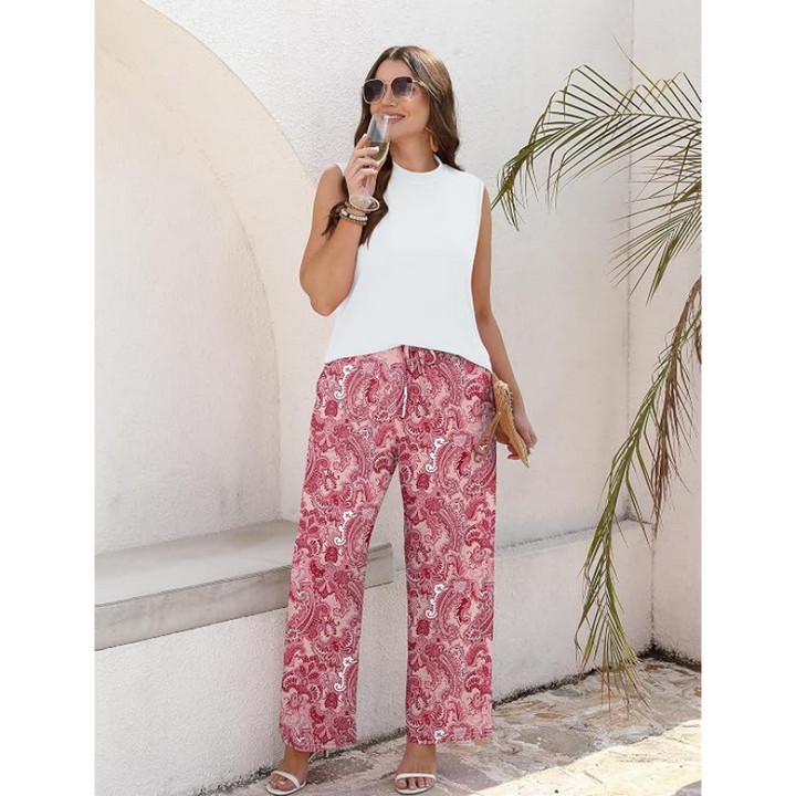 Sleeveless High-Neck Top Printed Wide-Leg Pants Set