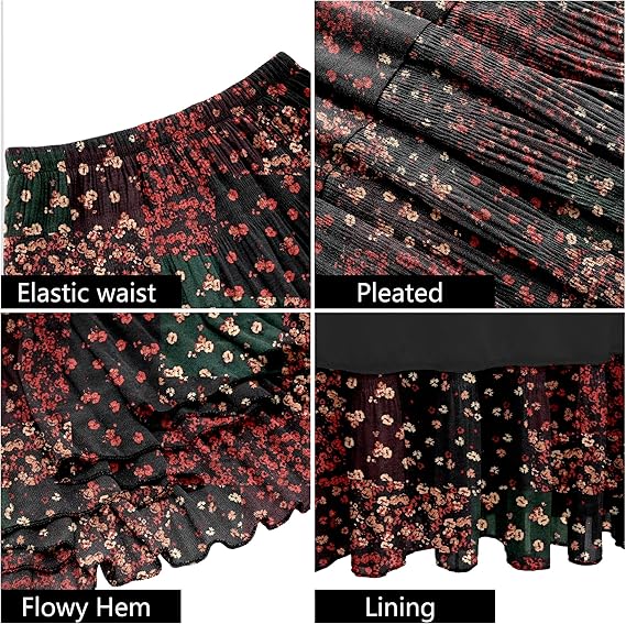 Boho Floral Tiered Midi Skirt, Elastic Waist Pleated A-Line Skirt