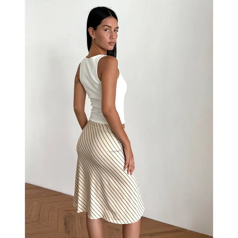 Beige Diagonal Stripe Asymmetric Midi Skirt