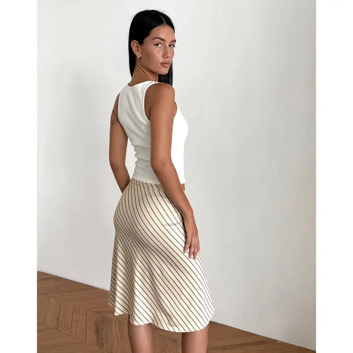Beige Diagonal Stripe Asymmetric Midi Skirt