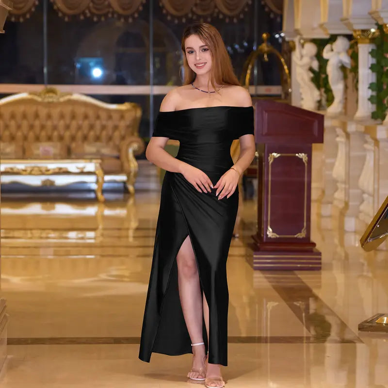 Champagne Satin Off-Shoulder Gown with Draped Detail &amp;amp; High Slit