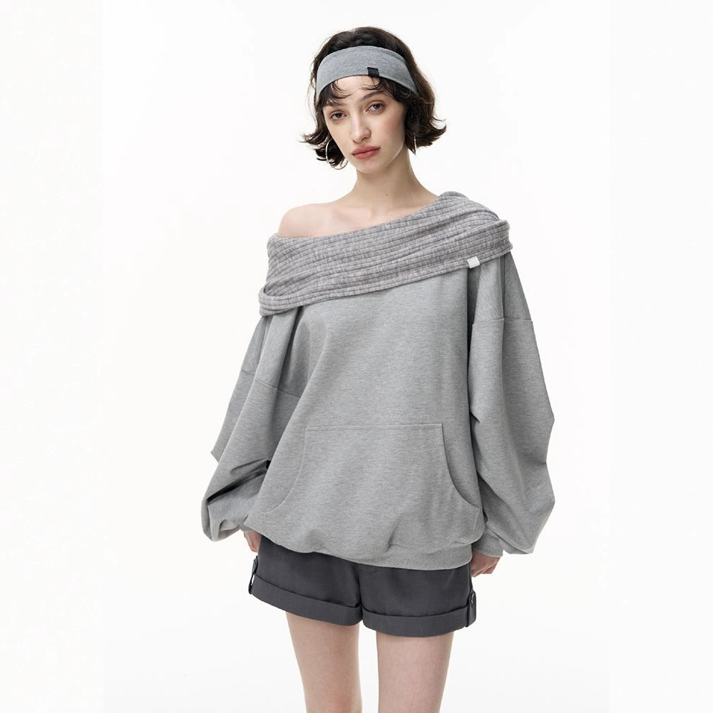 Off Shoulder Pocket Front Loose Long Sleeve Sweatshirt