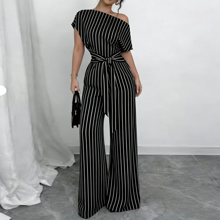 Off Shoulder Belted Wide Leg Jumpsuit