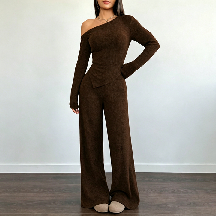 Solid-color off-shoulder long-sleeve top and pants set