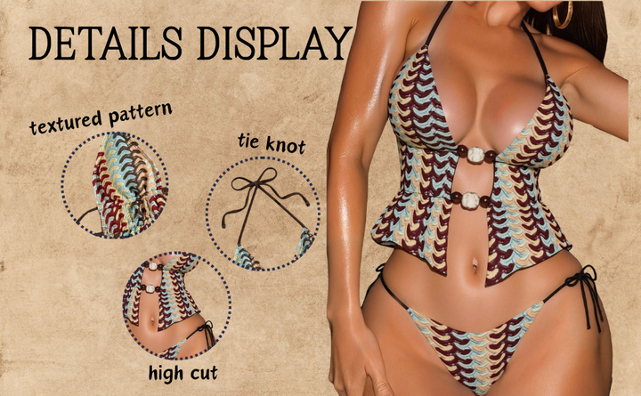 Bohemian Wave Knit Triangle Bikini Set with Shell Accents