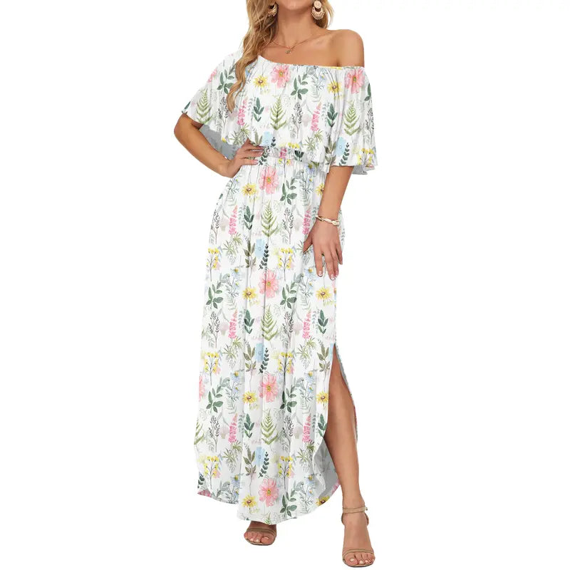 Floral Off-Shoulder Maxi Dress, Flowy Elastic Waist Dress with Side Slit