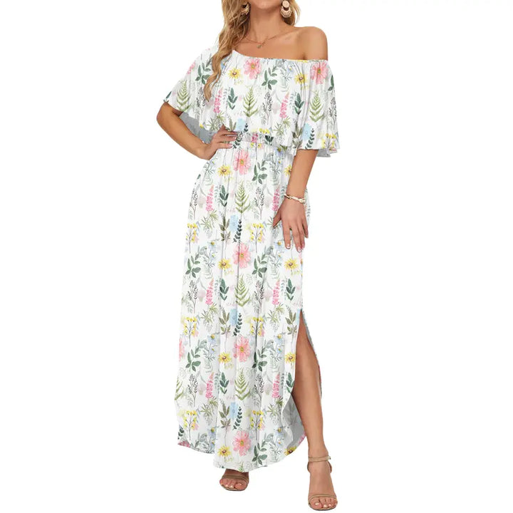 Floral Off-Shoulder Maxi Dress, Flowy Elastic Waist Dress with Side Slit