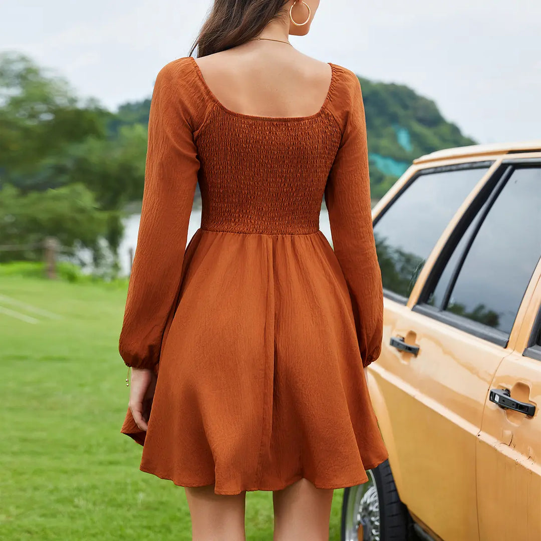 Twist Front V Neck Lantern Sleeve Dress