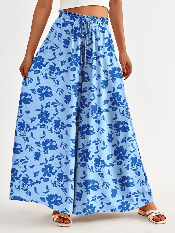 Light Blue Floral Print Elastic Waist Wide Leg Palazzo Pants