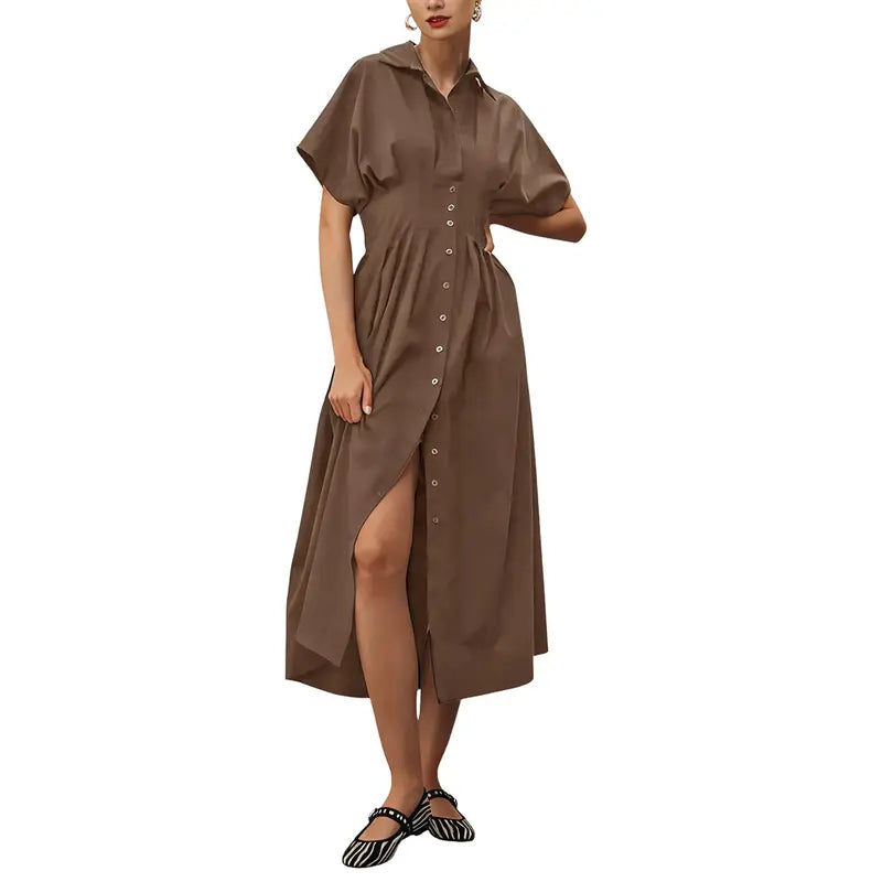 Cinched Waist Button-Front Midi Shirt Dress