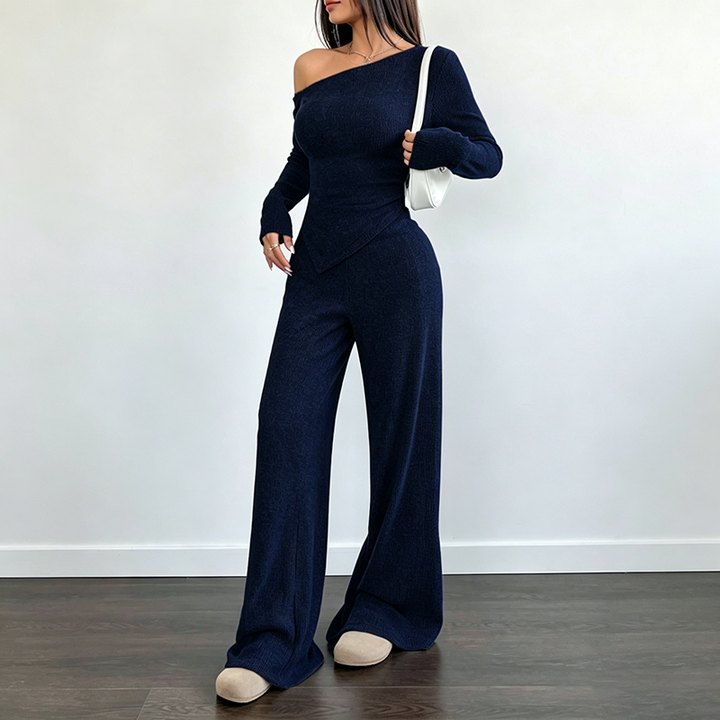 Solid-color off-shoulder long-sleeve top and pants set