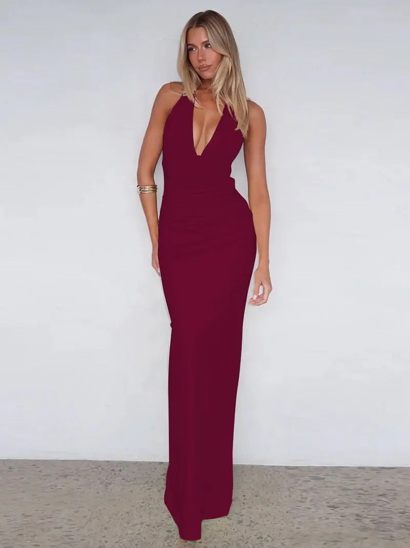 Halter Neck Deep V Ruched Maxi Dress