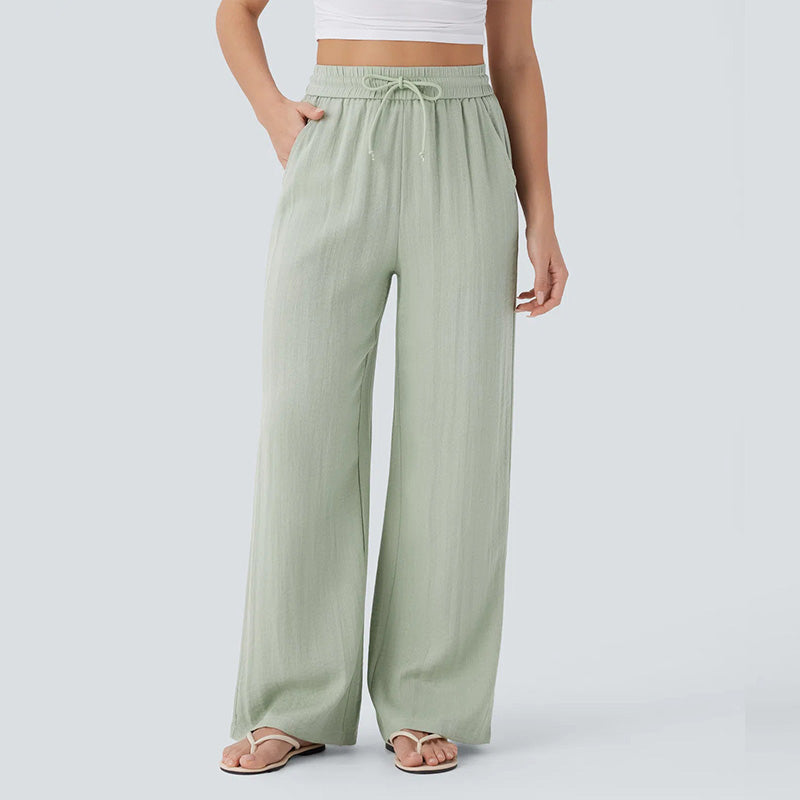 Casual linen high-waisted drawstring wide-leg pants