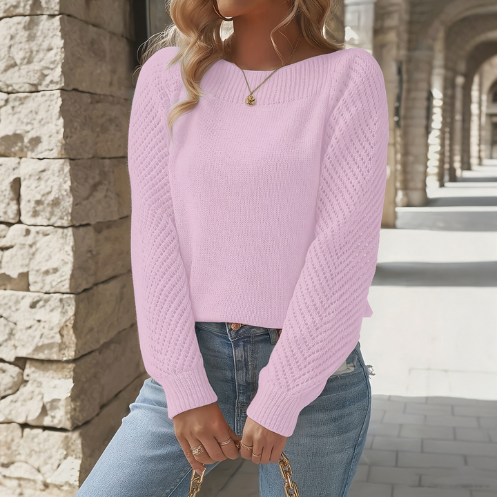Boat Neck Hollow Out Long Sleeve Knit Sweater