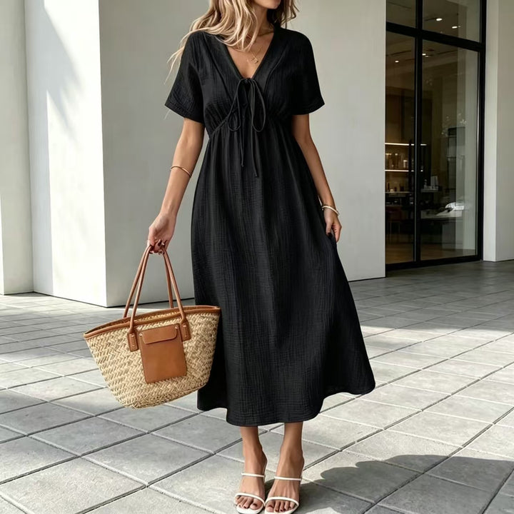 Crinkle Gauze V-Neck Midi Dress with Tie Detail, Short Sleeve Flowy Dress for Women