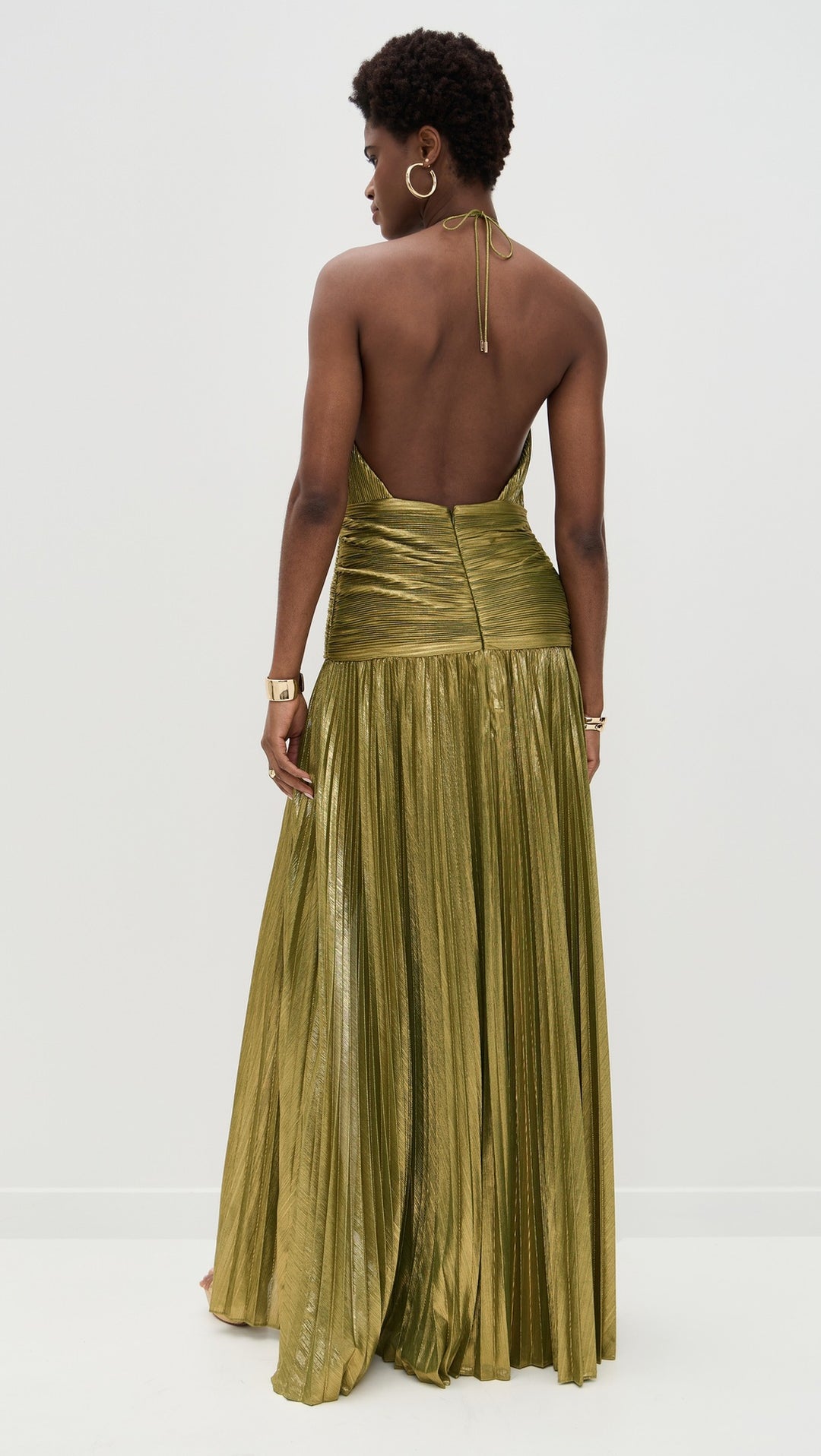 Metallic Olive Green Halter Neck Pleated Gown with High Slit