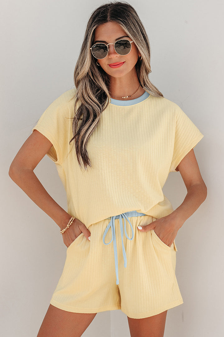 Contrast Trim Ribbed Knit Short Sleeve Top &amp;amp; Drawstring Shorts 2 Piece Loungewear Se
