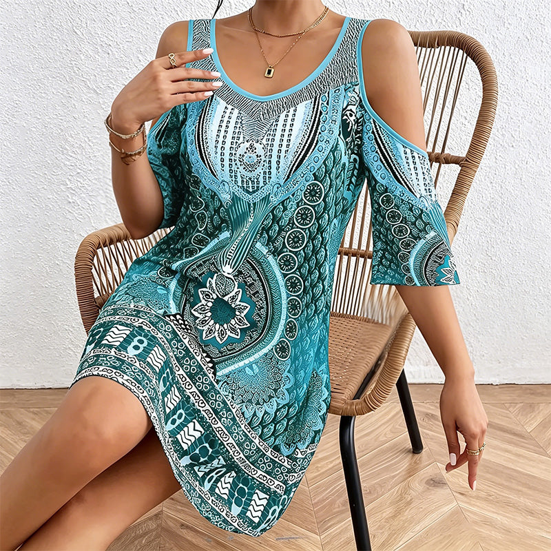 Off-shoulder short-sleeved digital print dress