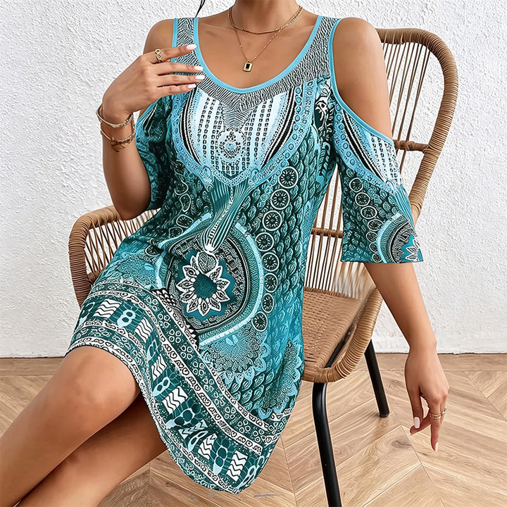 Off-shoulder short-sleeved digital print dress